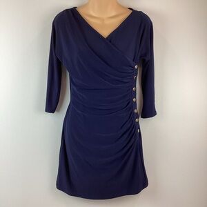 Lauren Ralph Lauren Navy Blue Side Ruched Gold Button Dress | 4